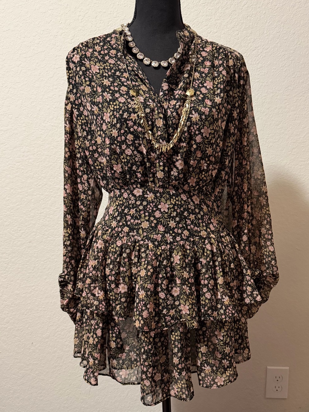 Olivaceous Floral Long sleeve Mini ruffle dress